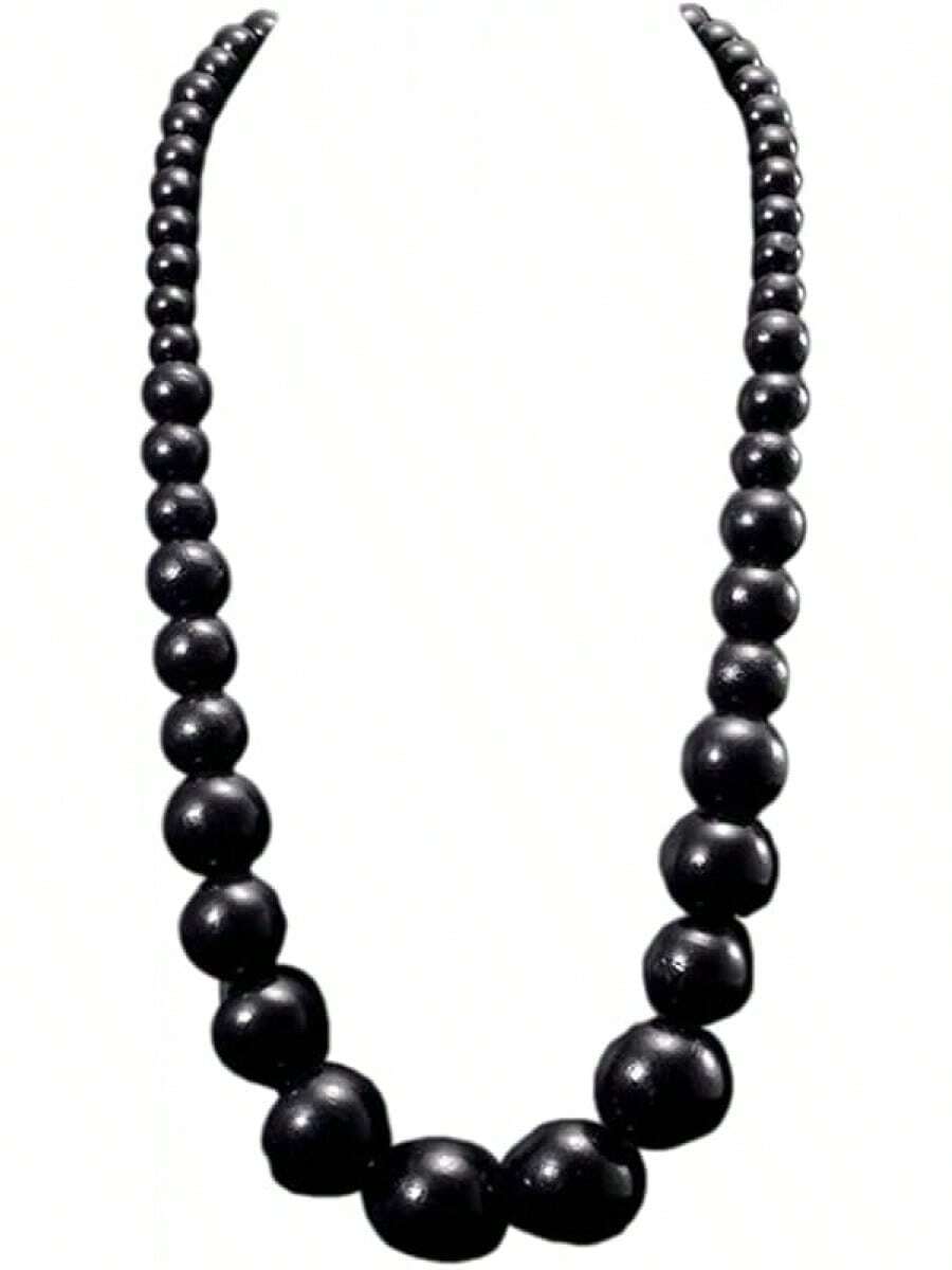 Colorful Natural Wood Round Beaded Strand Bohemian Retro Multicolor Bib Big Round Bead Chunky Necklace Costume Statement Women Men Unisex Fashion Wedding Jewelry Gifts - 黑色 - 查看 1