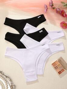 5条装女士多色罗纹舒适透气低腰性感内裤 - 黑與白 - 查看 3
