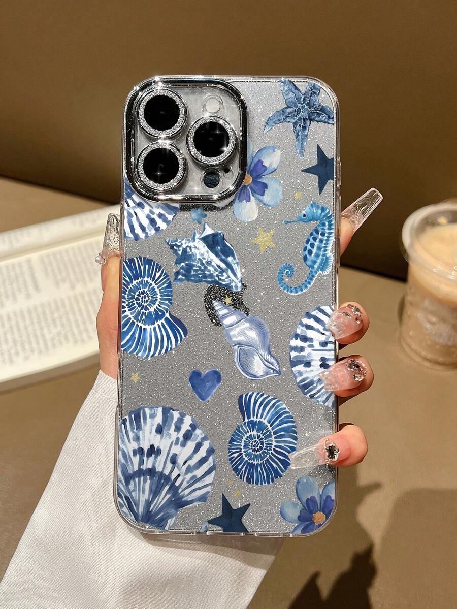 Blue Shell Shockproof Phone Case Compatible With IPhone 11 Pro Max, 16 Pro Max, 15 Pro, 14 Plus, 13, 12, 11, 13 Pro Max, 12 Pro - Fine Black Glitter - View 1