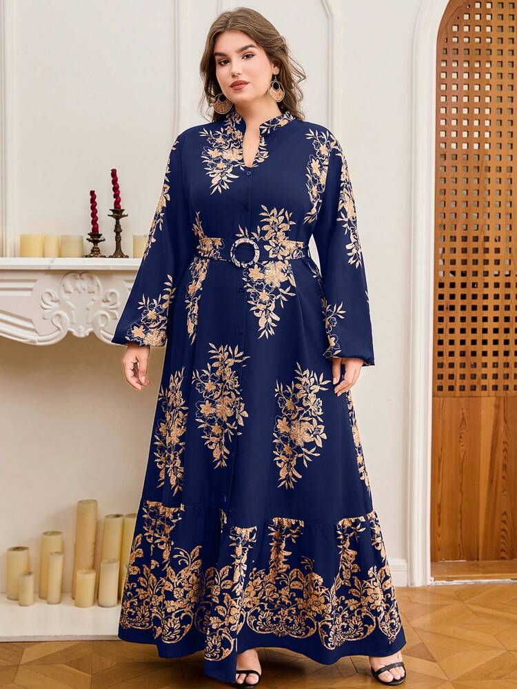 Plus Size Elegant Floral Print Dress Spring - Navy Blue - View 3