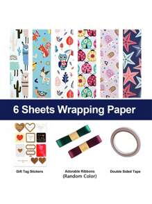1set 6 Sheets Gift Wrapping Paper With Accessories,Holiday Gift Wrapping Paper,Birthday Gift Box Gift Wrapping DIY, Gift Wrapping Paper For Birthday, Holiday, Wedding, Party,Gift Wrapping