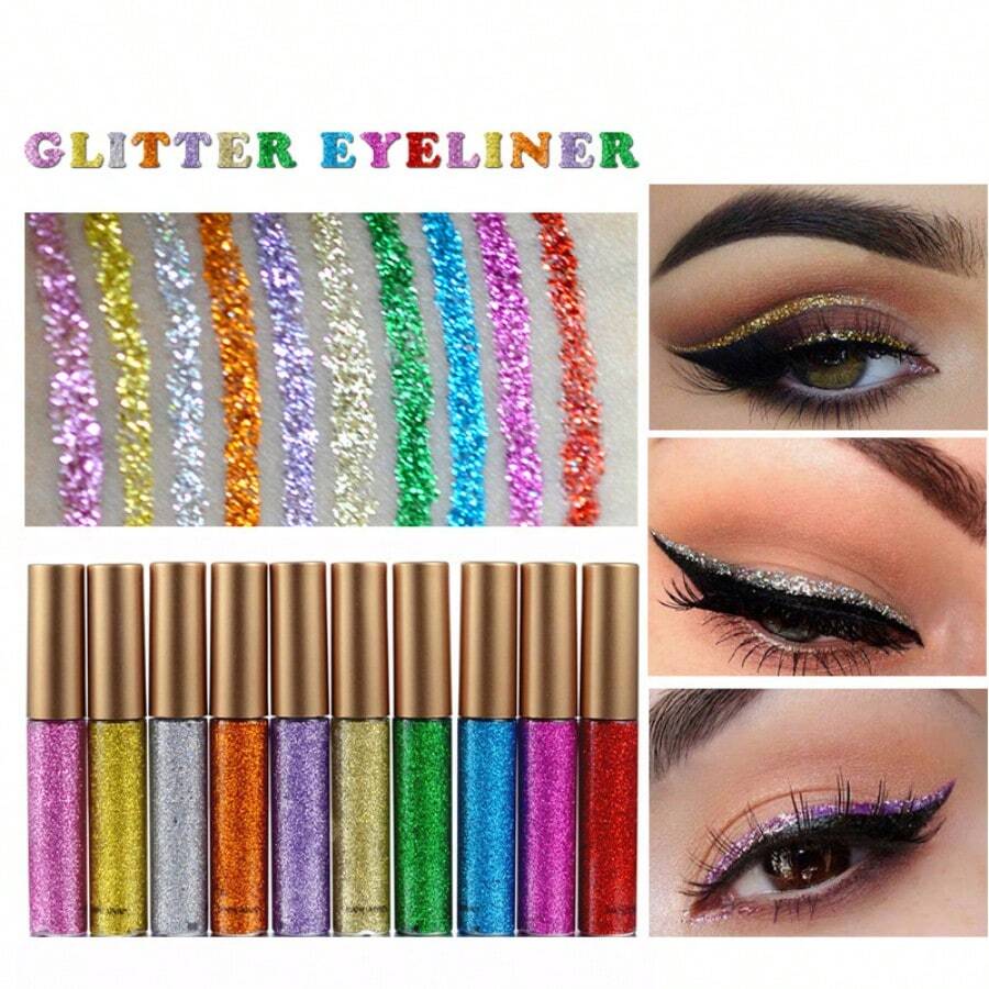 10 Colors Liquid Glitter Eyeliner, Metallic Glitter Eyeshadow Pigment, Glitter Waterproof Face & Lip Art For Party & Festival Makeup - 1 Set - 查看 1