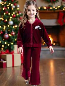 Set da 2 pezzi per ragazze con giacca con cappuccio con chiusura lampo e fogli a forma di cuore vellutati + pantaloni a zampa di microfibra, set di moda per feste, casual, primavera/estate