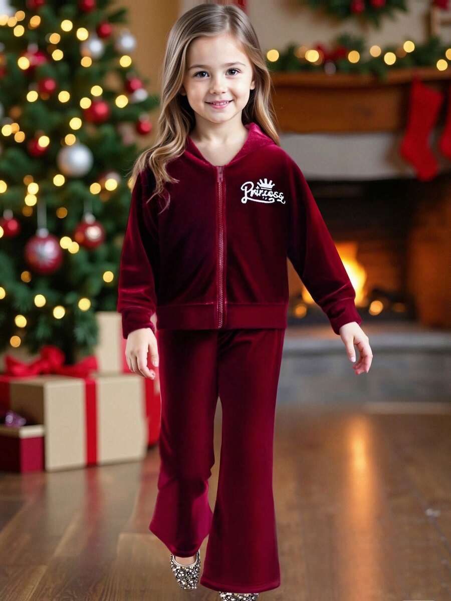 Set da 2 pezzi per ragazze con giacca con cappuccio con chiusura lampo e fogli a forma di cuore vellutati + pantaloni a zampa di microfibra, set di moda per feste, casual, primavera/estate