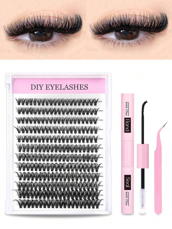 Lash Extension Kit 40D Lash 200pcs Clusters Kit Lash Bond And Seal Waterproof Individual Lashes Kit DIY Lash Extension Kit Lash Tweezers Eyelash Extension Kit (Set 40D-0.07D-9-16Mix)