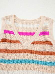 Acelitt Women's Khaki Striped V-Neck Knit Sweater Vest, Autumn/Spring - Khaki - View 6