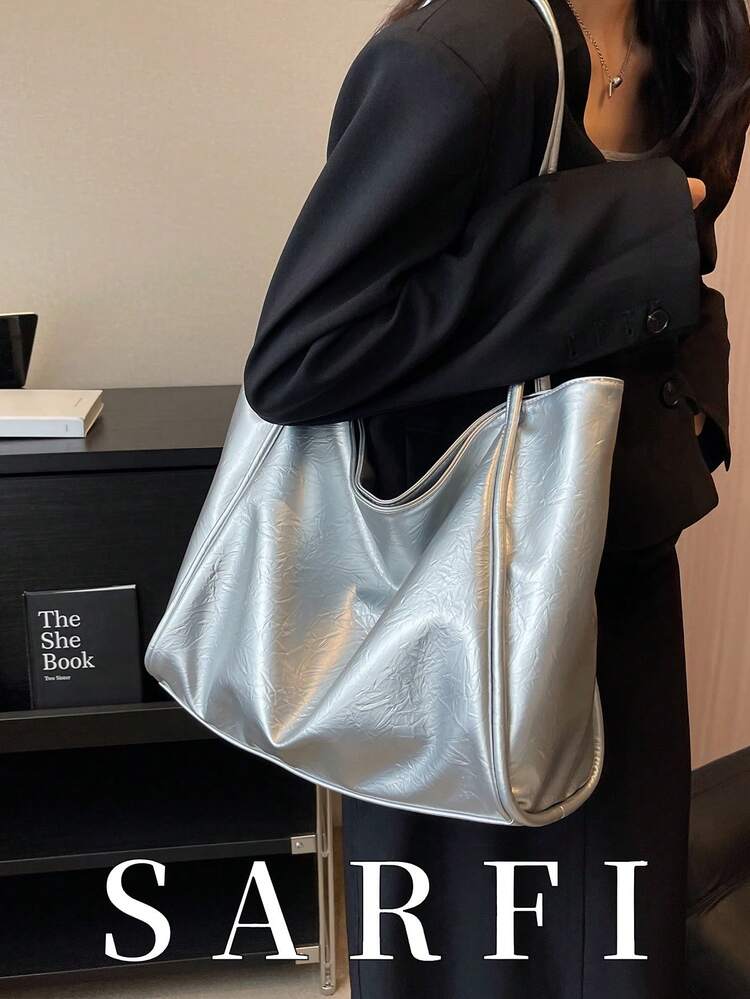 时尚纯色褶皱纹理设计女士手提包，休闲百搭夏季新款单肩包，校园风学生单肩包，适合大学生日常通勤和购物，轻便大容量学生手提包 - 銀色 - 查看 1