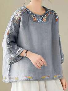 春夏刺绣 T 恤、宽松休闲轻便衬衫、流浪汉波西米亚花卉刺绣优雅衬衫、植物刺绣复古衬衫、假日短袖上衣 - 淺灰色 - 查看 4
