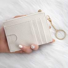Ultra-Thin PU Leather Wallet With Keychain - Lychee Texture, Zipper Coin Pocket And Card Holder - 黑色 - 查看 5
