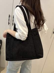 Double Handle Corduroy Shopper Bag, Minimalist Style Women Bag School Bag,Back To School Backpack,Large Capacity,Laptop Compartment,Portable, Suitable For Teen Girls Women College Students, Perfect For Back To School,College,Middle School, High School, Fashionable Tote Bag With Zipper, Perfectly Matching With Fall Outfits Women - Black - View 10