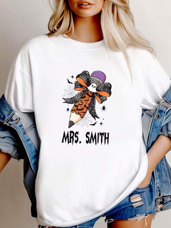 180g pure Cotton Halloween Shirt, Halloween Coquette Pencil Teacher Shirt, Back To Schooll, Coquette Bow Shirt, Halloween Teacher Gift Shirt Soft Stretched designer clothes streetwear fashion Comfortable female Slightly Casual graphic Top For Everyday Wear Versatile
