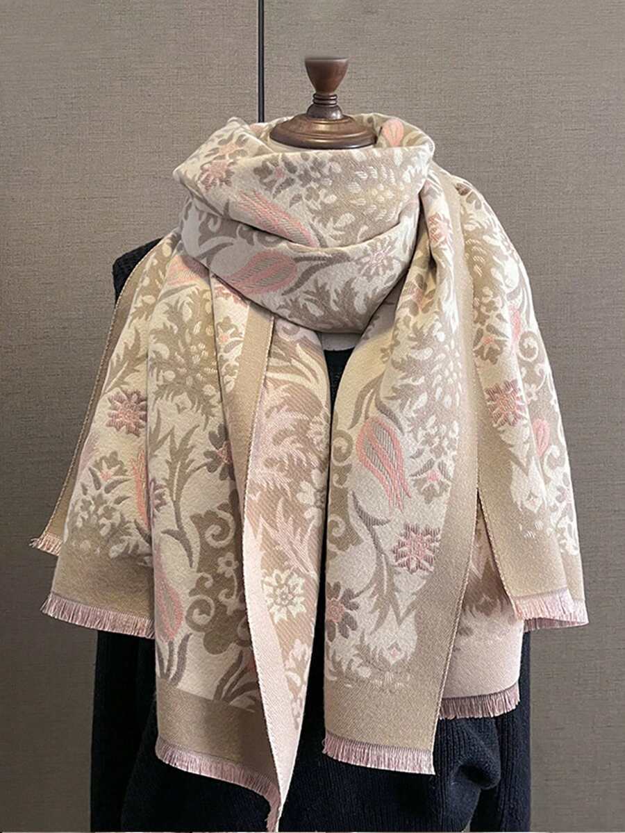 1 buah Syal/Selendang Hangat Rajut Jacquard Motif Bunga Bahan Kasmir Imitasi untuk Wanita, Aksesori Fesyen Serbaguna untuk Musim Gugur/Musim Dingin, Cocok untuk Dekorasi Gaun - Bunga Lili Khaki - View 1