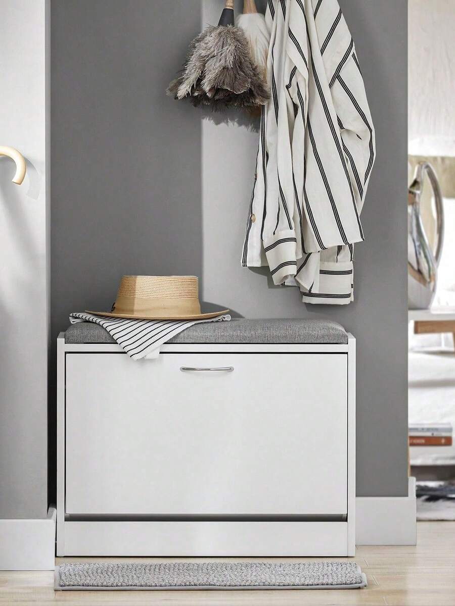 SoBuy FSR16-W, Hallway Shoe Bench Shoe Rack Shoe Cabinet With Flip-Drawer And Removable Seat Cushion, White, Depth: 30cm