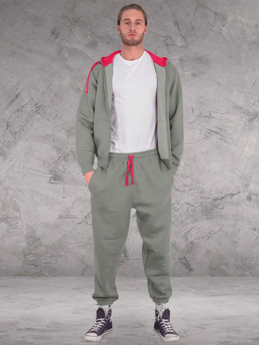 LoveMyFashions Men's 2pcs Set Tracksuit Full Sleeve Solid Color Drawstring Waist Zip Up Hoodie & Sweatpants Two Pieces Set With Pockets - Khaki/Red - View 1