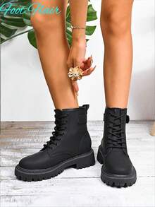 Women's Round Toe Lace-Up Side Zipper Black Combat Boots, New Autumn/Winter PU Leather Fashion Versatile Punk Boots, Multi-Functional Outdoor Non-Slip Boots