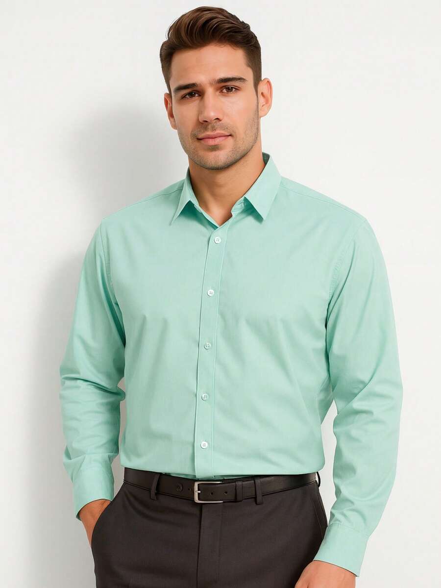 Men's Long Sleeve Dress Shirt Office Casual Good Quality Slim Fit With Spandex Day - 綠色 - 查看 1