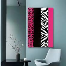 Framed  Chic Pink Zebra & Leopard Print Canvas Wall Art With Solid  – Modern Home Decor For Bedroom, Living Room, Or Classroom – Stylish Vertical De With Black Backgrounds, Living Room Decor