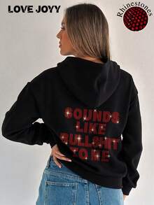 LOVE JOYY SOUNDS LIKE TO ME SOLGAN Sparkling Rhinestone Letter Print Solid Color Pullover Hoodie Loose Drop Shoulder With Pockets Hot Diamond Crafted Casual Hooded Sweatshirt Fashionable Clothing Daily Casual Wear Summer Promotion - Black - View 2