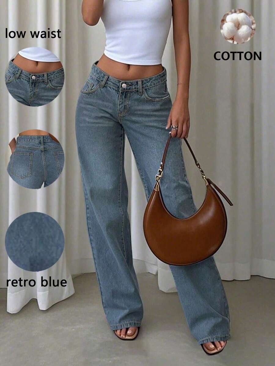 Quần nữ ống đứng dáng rộng cạp thấp phong cách Y2K, thoải mái, bền bỉ và có túi trước, thích hợp cho hẹn hò và dạo phố mùa xuân. - Rửa trung bình - Xem 1