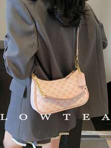 Túi đeo vai Low Tea kiểu dáng mới, cổ điển, đa năng, chống thấm nước, chất liệu PU, họa tiết chữ M, thiết kế in hoa, trang trí dây xích kim loại kiểu Pháp, túi đeo vai nữ, thích hợp cho mua sắm, đi làm, du lịch (Đã bán kèm mặt dây chuyền) - Hồng - Xem 7