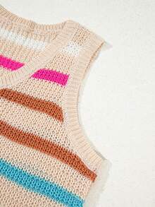 Acelitt Women's Khaki Striped V-Neck Knit Sweater Vest, Autumn/Spring - Khaki - View 7