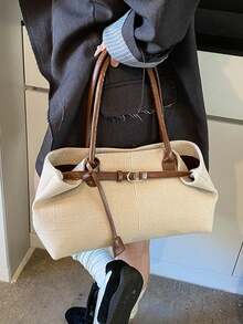 Dedoo 1pc FEISTURE Faux Suede Handbag, Large Capacity Solid Color Mature Elegant Ladies Tote Bag, Retro Style Work Bag, Suitable For Girls, Women, College Students, Office Workers - Brown - View 4