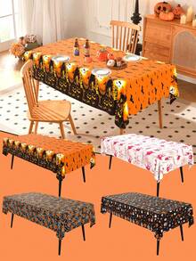 1pc Disposable Halloween Tablecloth, Bat Skull Haunted House Pumpkin Cobweb Bloody Handprint Pattern Print, Suitable For Halloween Decoration, Birthday Party Decor - Multicolor - View 1