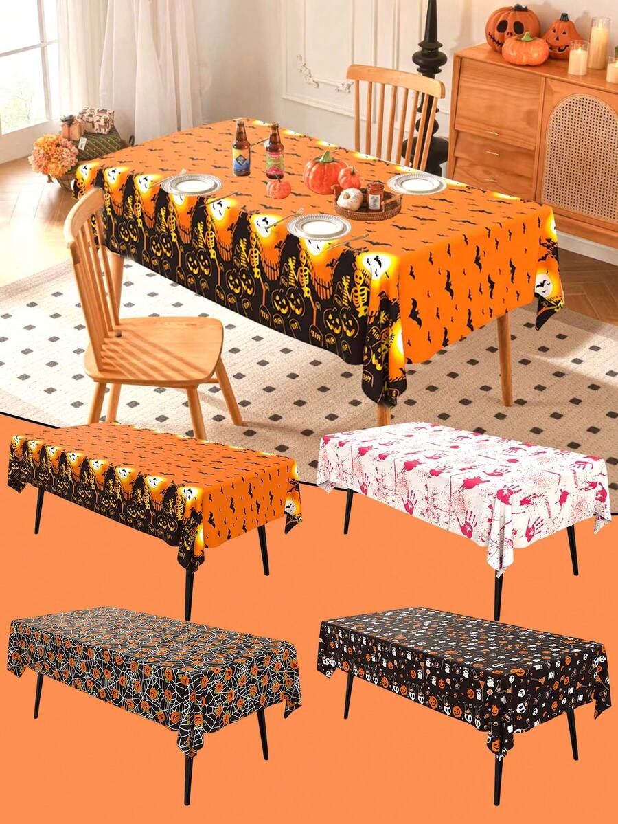 1pc Disposable Halloween Tablecloth, Bat Skull Haunted House Pumpkin Cobweb Bloody Handprint Pattern Print, Suitable For Halloween Decoration, Birthday Party Decor - Multicolor - View 1