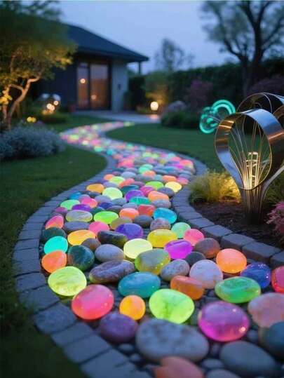500 piezas de piedras de jardín luminosas, piedras brillantes de colores, para jardín, césped, patio, caminos exteriores del hogar y decoración de acuario. Piedras luminosas perfectas para pecera, sendero, maceta, planta, entrada de automóviles, diseño DIY, decoración del hogar (estilo de color aleatorio)