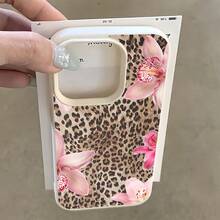 1pc White Leather Texture Minimalist Leopard Print, Pink Orchid & Hibiscus Pattern Phone Case, Suitable For IPhone 16 Pro Max, 15/14 Plus, 13, 12, 11