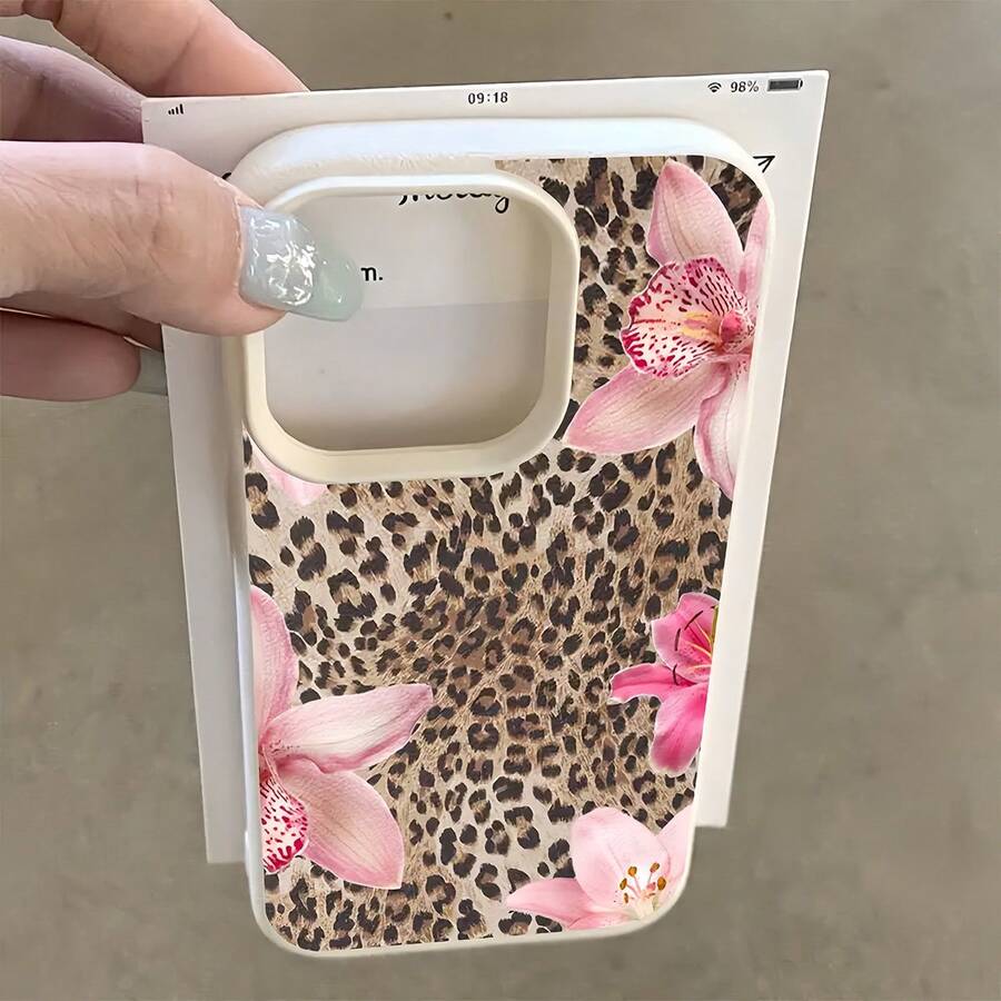 1pc White Leather Texture Minimalist Leopard Print, Pink Orchid & Hibiscus Pattern Phone Case, Suitable For IPhone 16 Pro Max, 15/14 Plus, 13, 12, 11