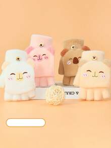 1双儿童5-12岁冬季保暖卡通绵羊五指手套带翻盖，透气半指设计，适合男孩和女孩 - 5-12歲 - 查看 3