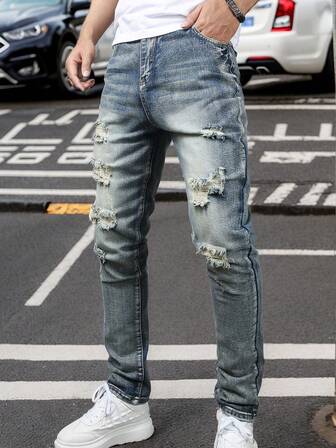 Jeans ajustados de corte recto de color azul vintage con diseño desgastado y cintura con botones para adolescentes