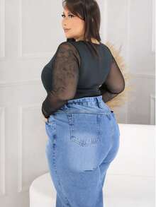 Women's Wide Leg Plus Size Jeans With Belt - Blue - View 5
