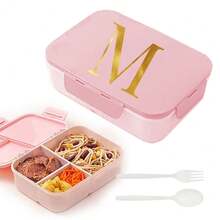 Caja de almuerzo de plástico con 3 compartimentos y patrón de 26 letras, de gran capacidad, apta para microondas, contenedor de almacenamiento de alimentos, caja bento portátil con cuchara y tenedor, adecuada para picnic, oficina, aperitivos - Rosa - Ver 15