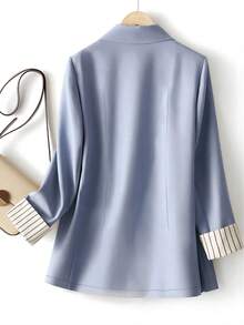 大码女式袖条纹撞色单扣长袖休闲西装外套 - 霧霾藍 - 查看 2