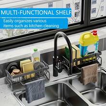 1 Simple Metal Kitchen Sink Rack, Self-Draining Kitchen Sink Organizer, Sponge Draining Rack, Suitable For Kitchen/Bathroom Countertop Storage, Comes With A Towel Rod, Available In Black, Gray, And White