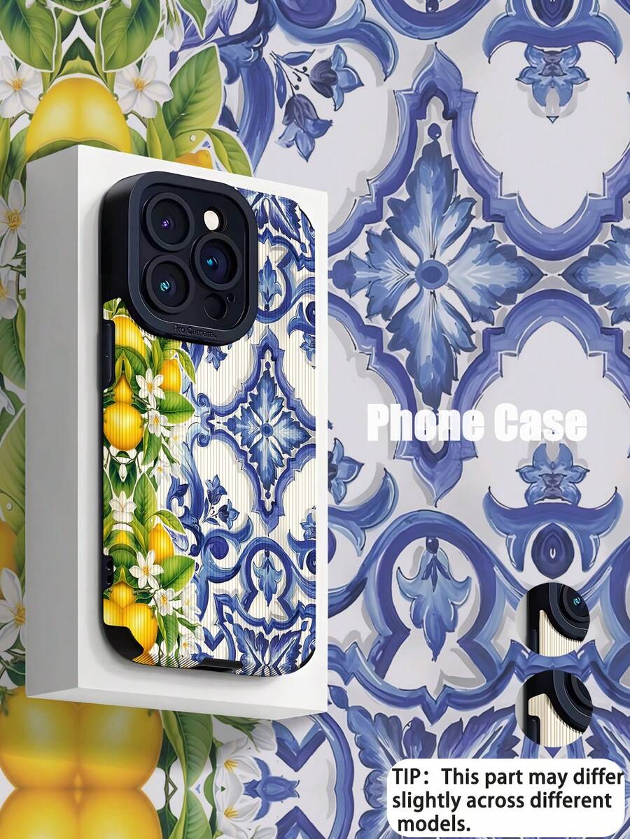 1 pieza Funda de teléfono suave vintage con patrón floral azul vertical, compatible con Apple 15/15PLUS/15PRO/15PROMAX, resistente al agua, a los golpes y a los arañazos - Multicolor - Ver 1