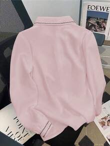 Women's Casual Contrast Color Trim Long Sleeve Shirt, Autumn - Pink - View 2