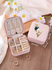 1pc Floral Rose Initial Jewelry Box, A-Z PU Leather White Portable Travel Jewelry Box, Black Jewelry Storage Box, Pink Mini Portable Zipper Jewelry Box, Necklace, Ring Pendant, Bracelet, Earring Storage Box, Jewelry Packaging Box, Suitable For Mother's Gift, Wedding Gift, Bridesmaid Gift, Anniversary Gift, Christmas Gift And Girlfriend's Boutique Gift. - Multicolor - View 69