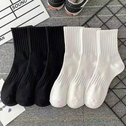 6쌍(랜덤) 여성 & 남성 캐주얼 블랙 & 화이트 중목 양말, 캐주얼 크루 양말, 단순한 편안한 통기성 스포츠 양말, 블랙 양말, 화이트 양말, 커플 양말, 일상 착용에 적합