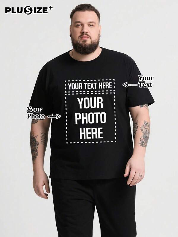 Camiseta negra casual y holgada personalizada para hombre de talla grande, regalo conmemorativo personalizado. Puedes agregar tus propias fotos (fotos familiares/selfies/fotos de mascotas/fotos de amigos/fotos de tu pareja/fotos de tu novia/regalos/logos de pareja) y texto para diseñar tu camiseta impresa personalizada, adecuada como regalo para el Día del Padre y el Día de la Madre.