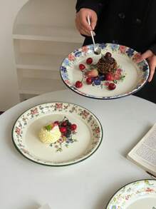 1 Stück Blumen-Emaille-Teller, französischer vintage Blumen-Frisch-Blau Dessert-Teller, Retro-Teller für Pasta, Frühstück, Obst, Suppenlöffel, geeignet für Restaurant, Wohnzimmer, Küche, Geschirr