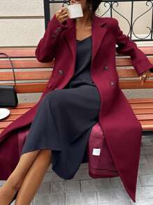 DEEKA Autumn/Winter New Women's Fashion Casual Minimalist Solid Color Lapel Double-Breasted Woolen Coat, European And American Style - Burgundy - View 5