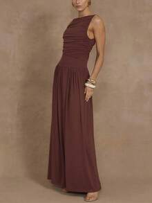 conciso Vestidos de fiesta elegantes de cuello de barco plisados y ajustados sin mangas de color caqui para mujer en verano - Café - Ver 5