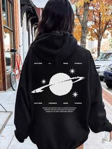 女款冬季行星與標語圖案長袖抽繩連帽衫，附口袋，休閒寬鬆百搭度假風上衣，時尚冬季款 - 黑色 - 查看 5