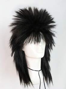 Peluca de disco oscilante, peluca negra de hombro de estilo punk de los años 70 y 80 para fiestas, peluca sintética larga y media con brillo, con capas, esponjosa y recta con flequillo para mujeres y hombres, disfraz de peluca mullet para fiestas, bailes, escuela, carnaval, conciertos, convenciones, citas diarias, discotecas, celebraciones, Navidad, Año Nuevo, festivales de música, decoraciones