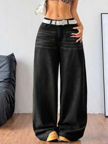 Teen Girls' Black Pocketed Wide Leg Loose Casual Versatile Jeans - Black - View 3
