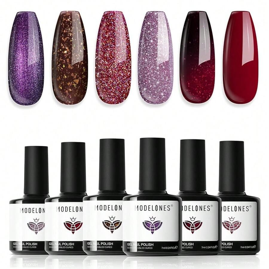 Cat Eye Gel Nail Polish Set, 6 Colors 9D Glassy Cat Eye Glitter Gel Polish Black Red Purple Blue Silver Brown Nail Polish All Seasons With Magnet Soak Off Led DIY Salon Gift-842643 - A-2深紅暮光 - 查看 1