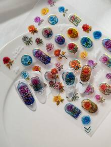 1 Stück Blumen Nail Art Aufkleber, geprägtes Muscheldesign mit Glanz, handbemalte Rosen, mit mehrfarbigen Rosen, Pfingstrosen und europäischen Architektur Fenstermustern, geeignet für persönliches DIY und Nagelstudios Nägel Nagelbedarf Nagelaufkleber - Verschiedenfarbig - Übersicht 6